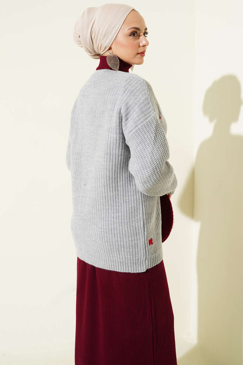 Ribbon-Embellished Knit Cardigan Grey – Image 3