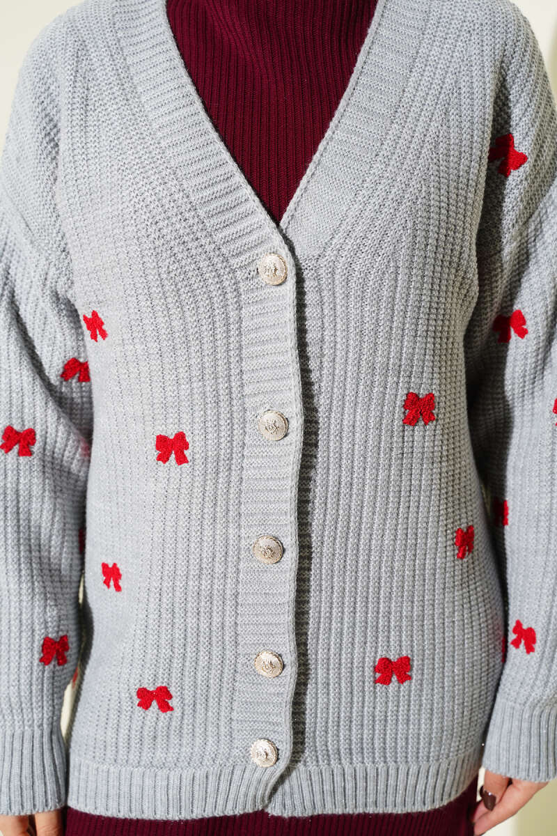 Ribbon-Embellished Knit Cardigan Grey – Image 4