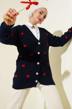 Ribbon-Embellished Knit Cardigan Navy Blue