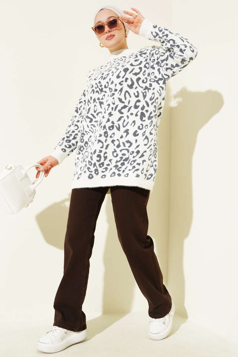 Leopard Print Detailed Hooded Sweater White - immagine 2