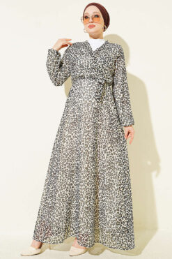 Leopard Print Wrap Neck Dress Ecru