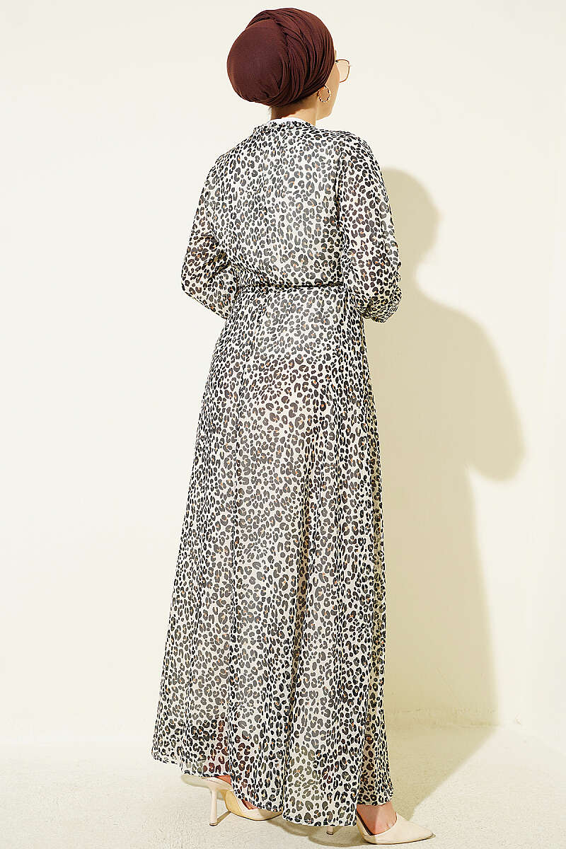 Leopard Print Wrap Neck Dress Ecru – Bild 3