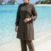 Leopard Trimmed Zipped Modest Three-Piece Swimsuit Khaki