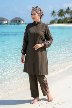 Leopard Trimmed Zipped Modest Three-Piece Swimsuit Khaki