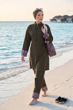 Animal Print Modest Three-Piece Swimsuit Khaki