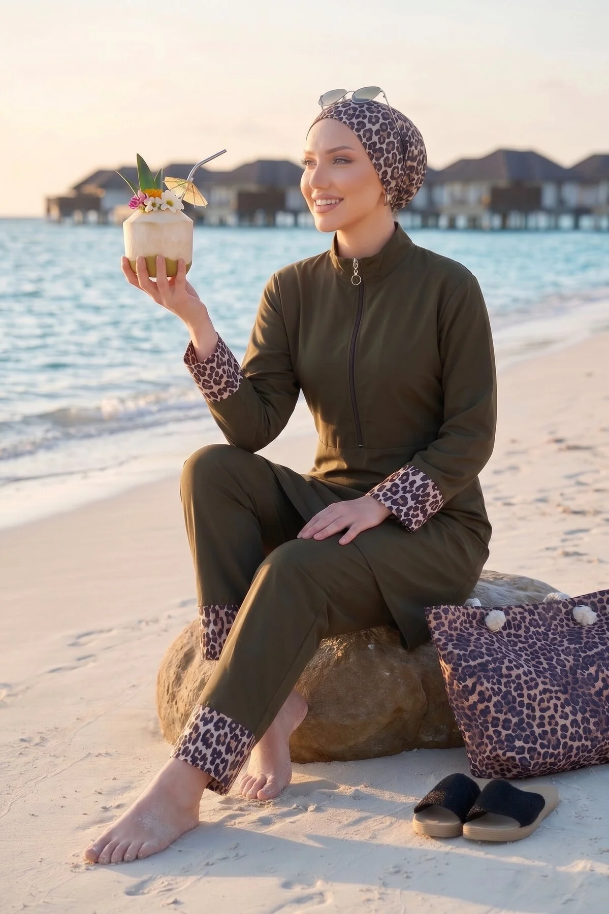 Animal Print Modest Three-Piece Swimsuit Khaki - Image 2