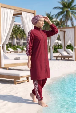 Leopard Trim Modest Swimwear Burgundy