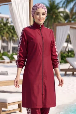 منظر بديل لـ Leopard Trim Modest Swimwear Burgundy