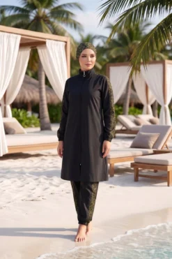 Leopard Trim Modest Swimwear Khaki