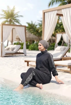 Leopard Trim Modest Swimwear Black