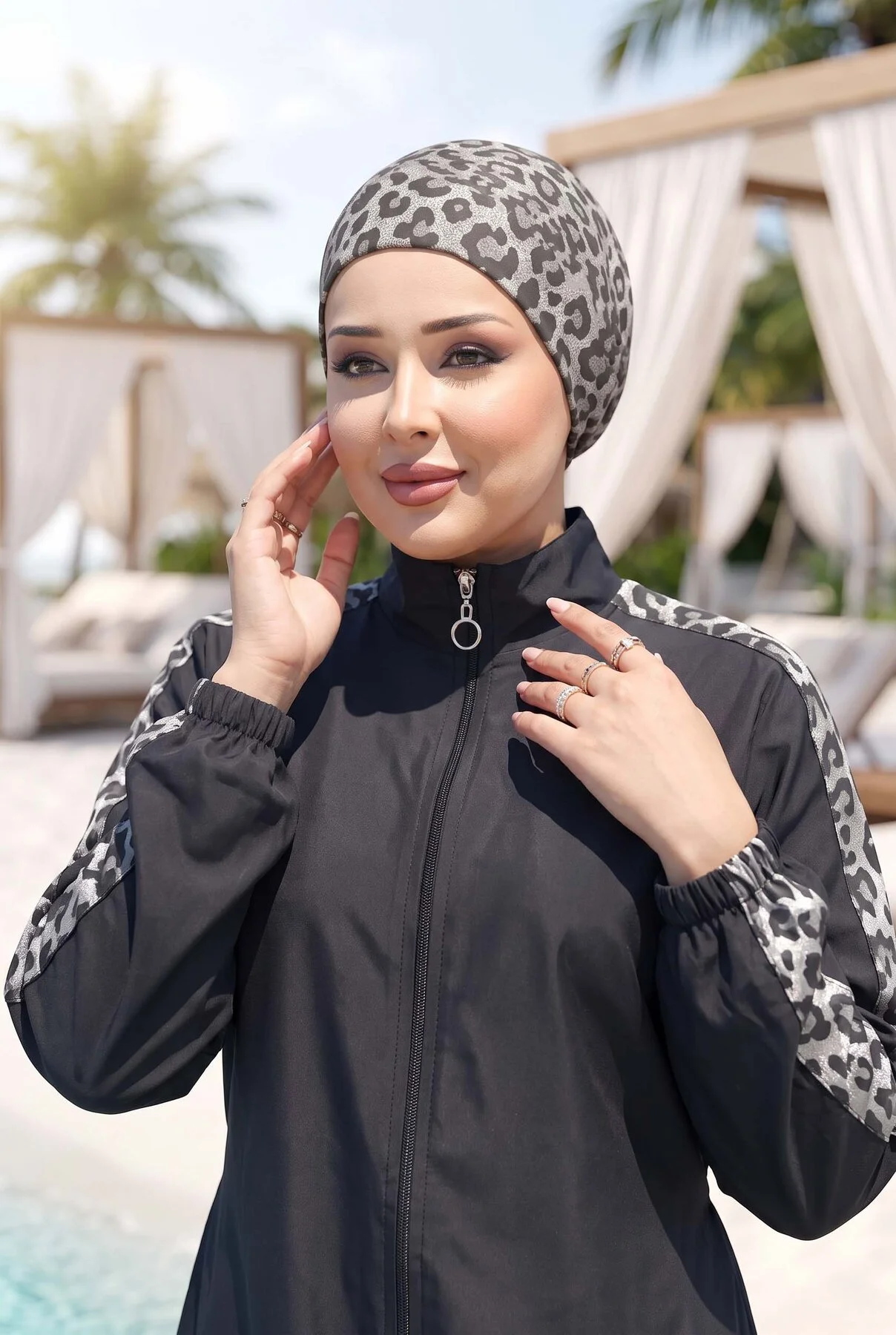 Leopard Trim Modest Swimwear Black - Image 2