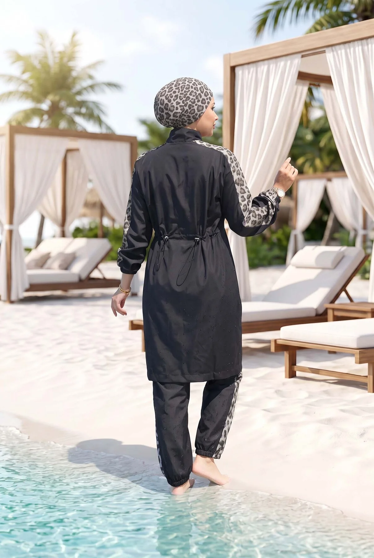 Leopard Trim Modest Swimwear Black - Image 4