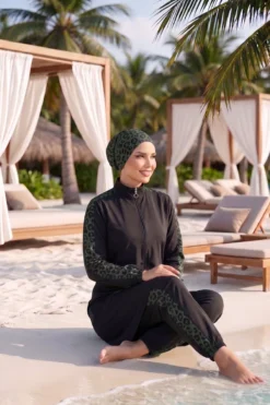 Leopard Trim Modest Swimwear Green