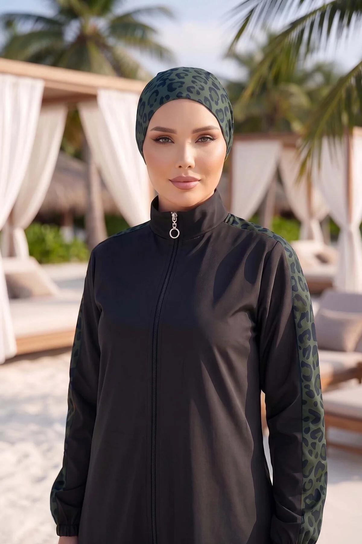 Leopard Trim Modest Swimwear Green – Bild 2