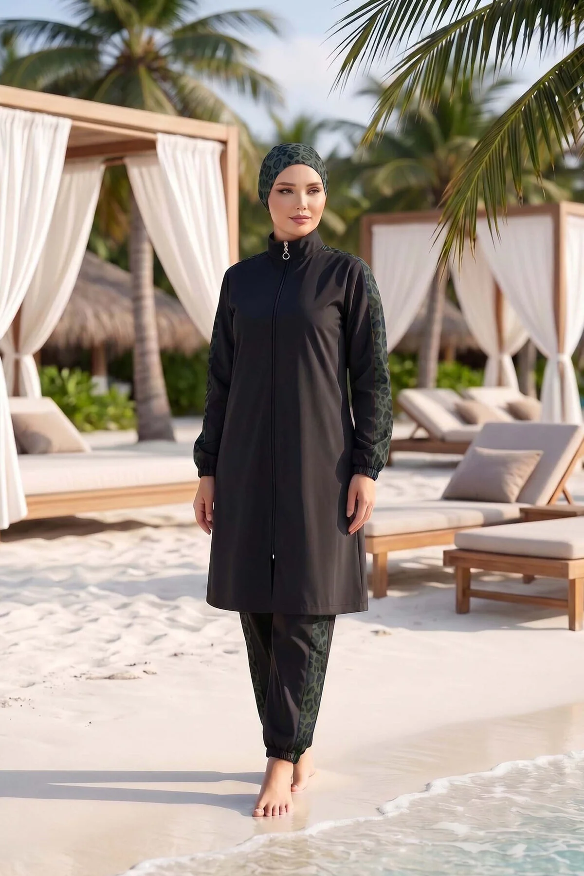 Leopard Trim Modest Swimwear Green – Bild 3