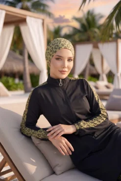 منظر بديل لـ Leopard Trim Modest Swimsuit Green