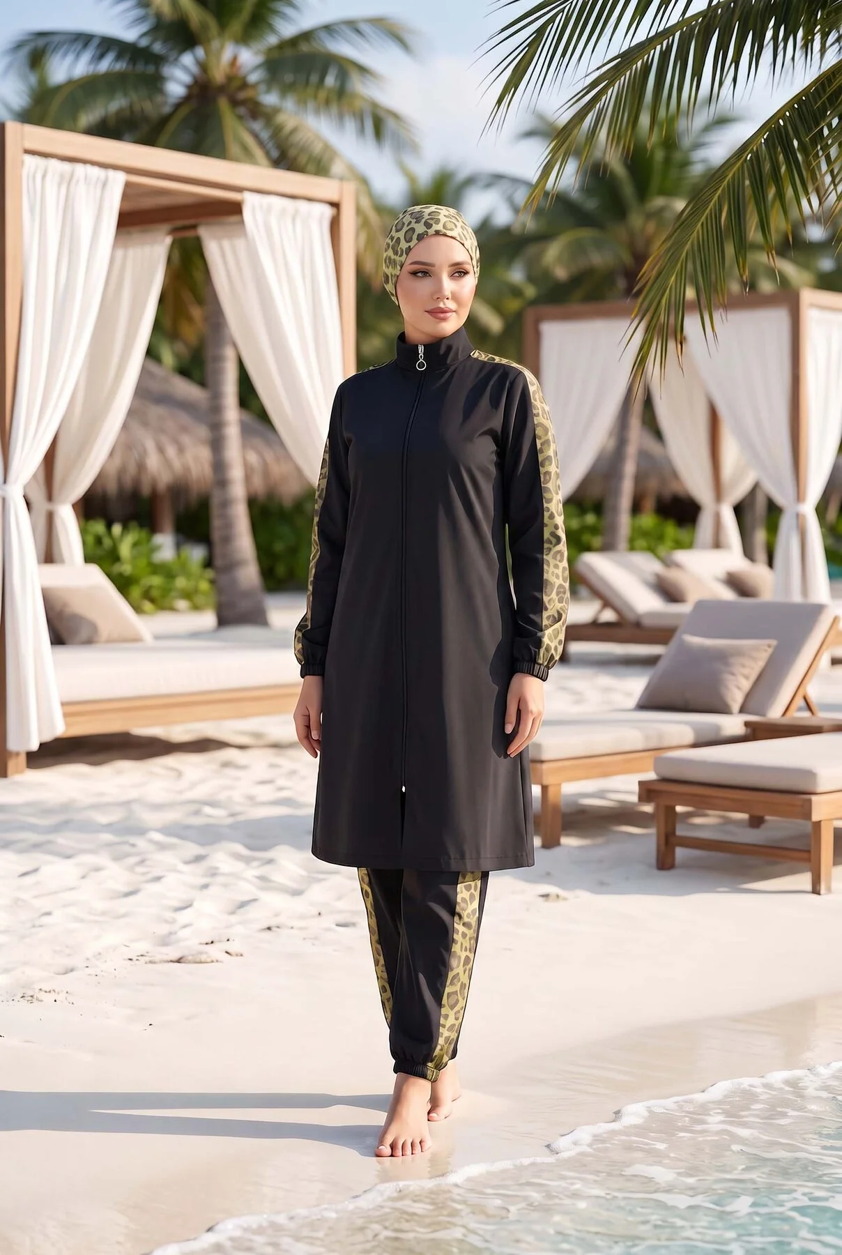 Leopard Trim Modest Swimsuit Green - Image 3
