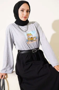 Printed French Terry Tunic with Hem Edge Grey