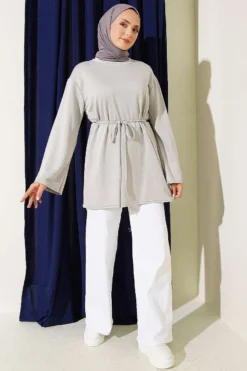 Alternative view of Wide Sleeve Tie Belt Tunic Grey