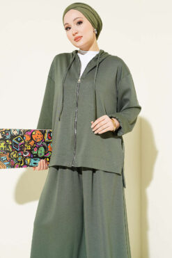 Alternative view of Loyşa Basic Zip-Up Hooded Two-Piece Set Khaki