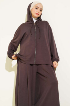 Alternative view of Loyşa Basic Zip-Up Hooded Two-Piece Set Brown