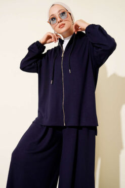 Alternative view of Loyşa Basic Zip-Up Hooded Two-Piece Set Navy Blue