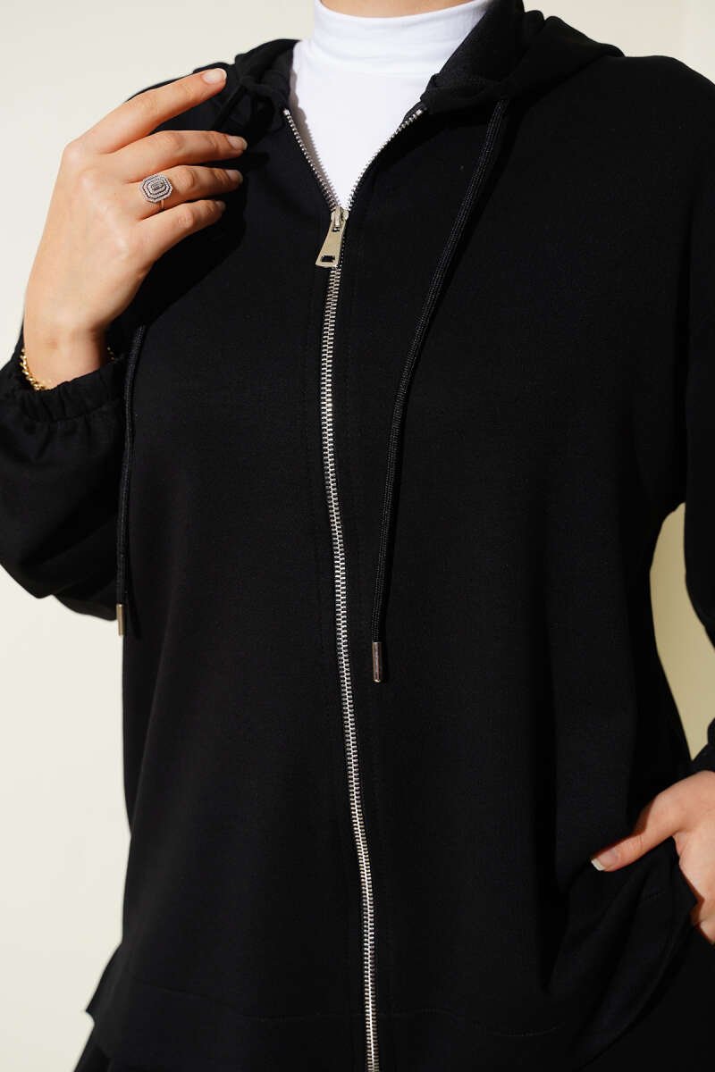 Loyşa Basic Zip-Up Hooded Two-Piece Set Black - Image 4