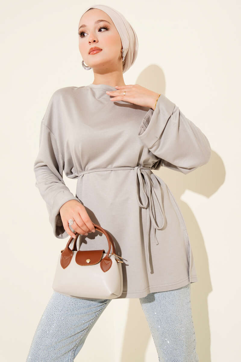 Side-Slit Belted Tunic Grey