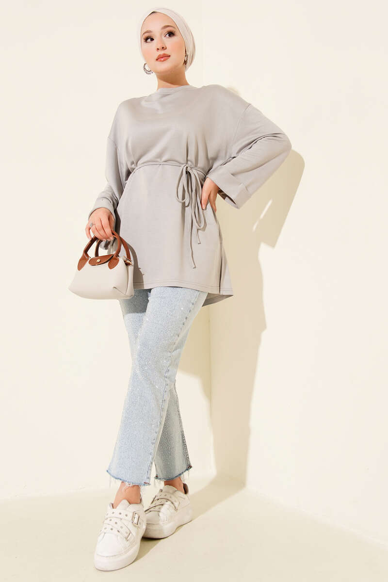 Side-Slit Belted Tunic Grey – Bild 2
