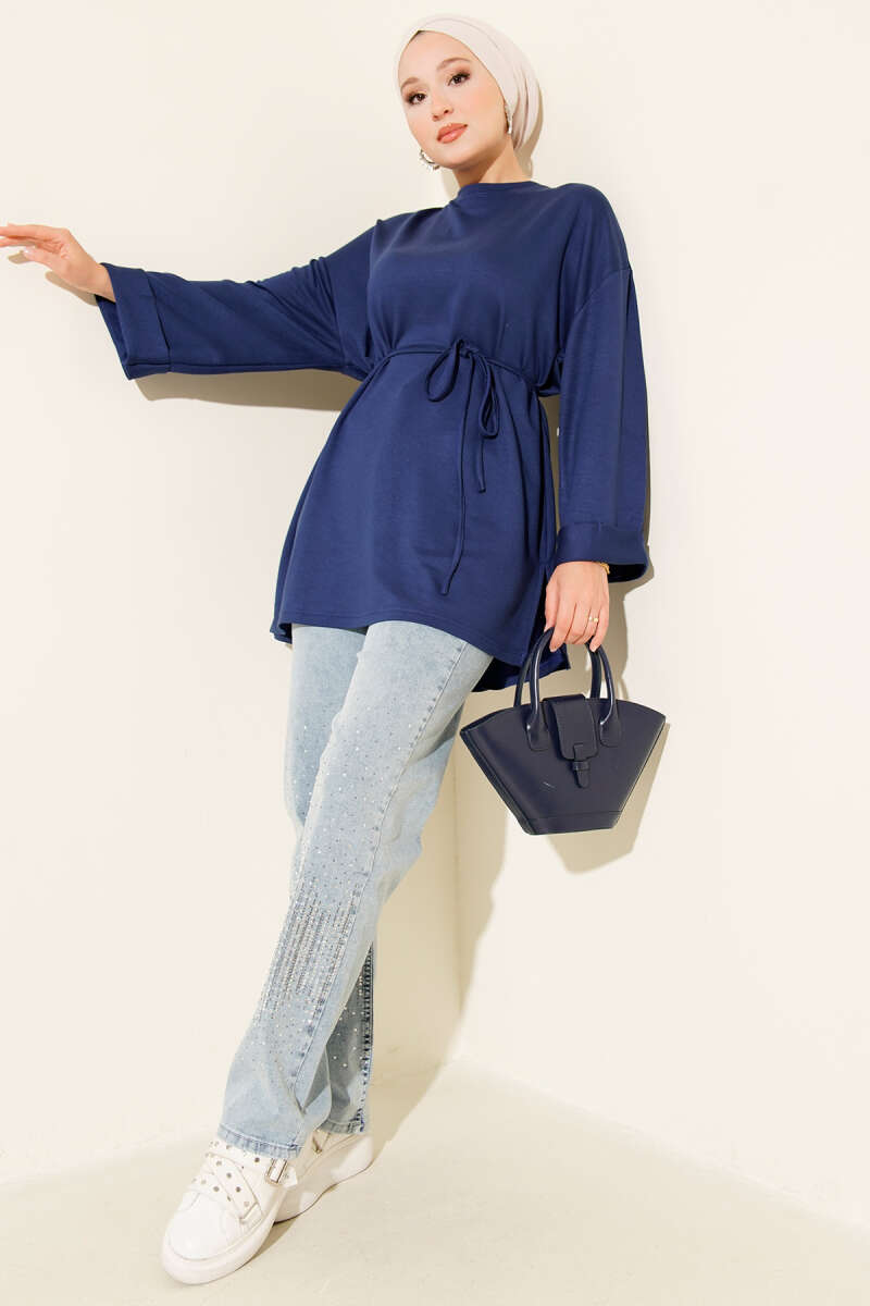 Side-Slit Belted Tunic Navy Blue – Image 2