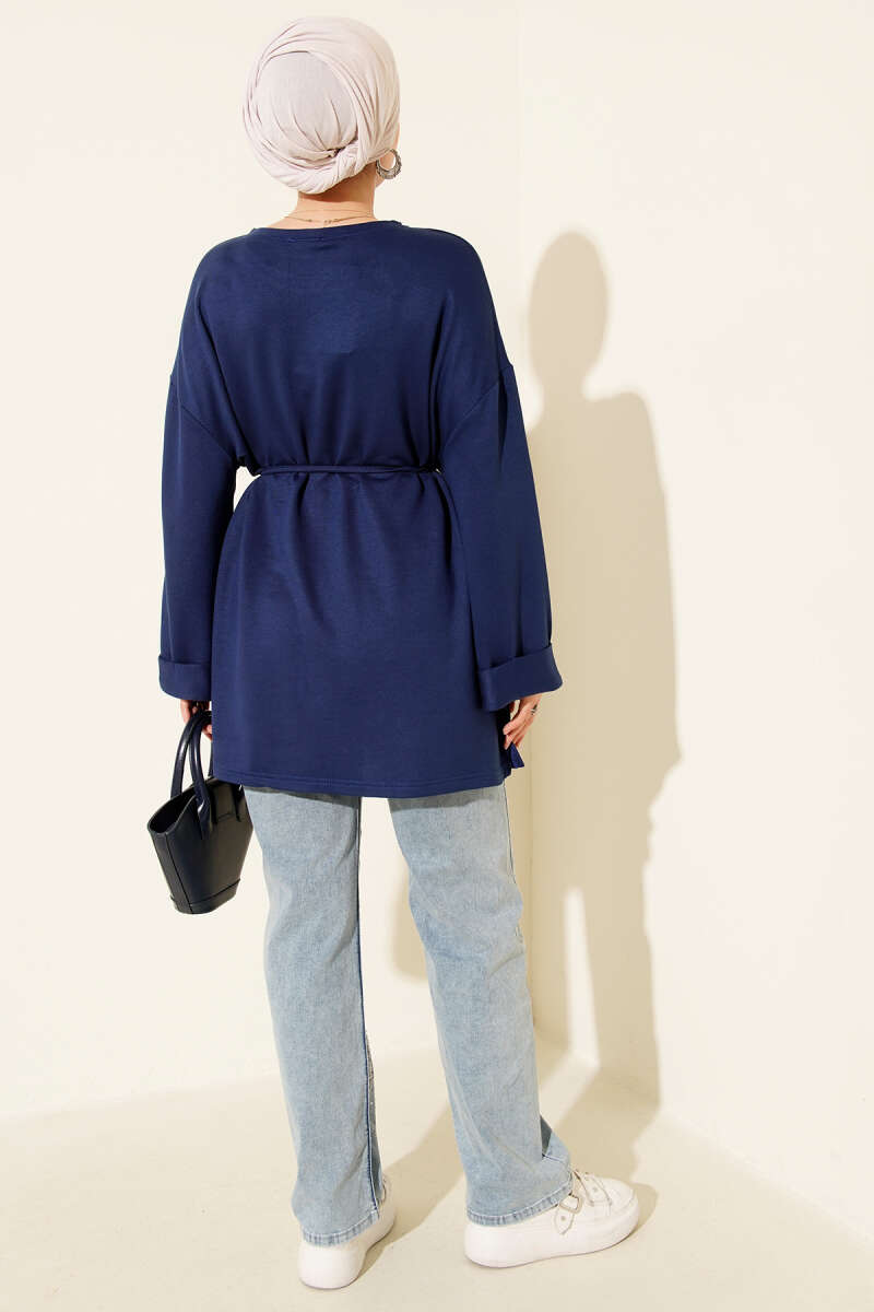 Side-Slit Belted Tunic Navy Blue – Image 3