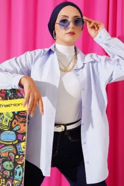 Cuffed Button Basic Shirt Baby Blue