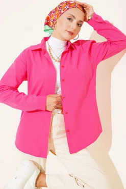 Cuffed Button Basic Shirt Fuchsia