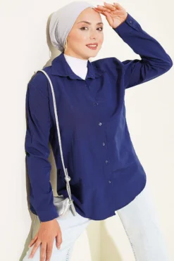 Cuffed Button Basic Shirt Navy Blue