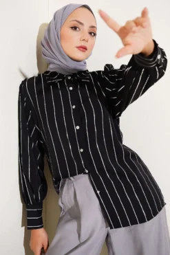 Cuffed Button Thin Striped Shirt Black