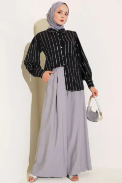 Vista alternativa de Cuffed Button Thin Striped Shirt Black