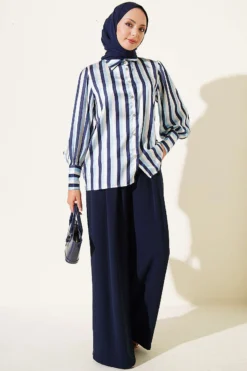 Vista alternativa de Cuffed Button Striped Satin Shirt Navy Blue