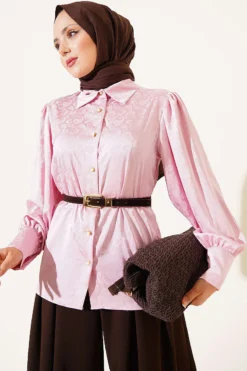 Cuff Button Jacquard Satin Shirt Powder Pink