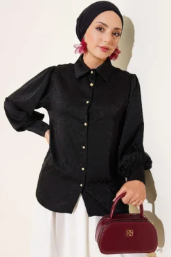 Cuff Button Jacquard Satin Shirt Black