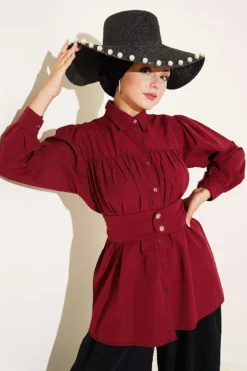 Cuff Buttoned Belted Shirt Burgundy