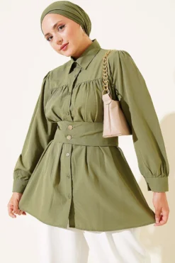 Cuff Buttoned Belted Shirt Khaki