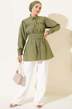 Alternatieve weergave van Cuff Buttoned Belted Shirt Khaki