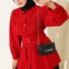 Cuff Buttoned Belted Shirt Red