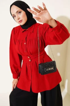 Cuff Buttoned Belted Shirt Red