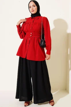 Alternatieve weergave van Cuff Buttoned Belted Shirt Red