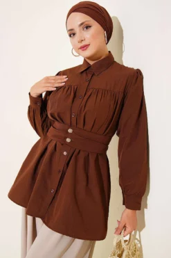 Cuff Buttoned Belted Shirt Brown