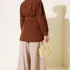 Cuff Buttoned Belted Shirt Brown – Image 3