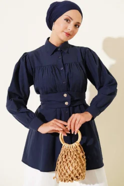 Cuff Buttoned Belted Shirt Navy Blue