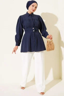 Alternatieve weergave van Cuff Buttoned Belted Shirt Navy Blue