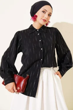 Button-Cuff Polka Dot Shirt Black